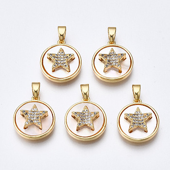 Brass Micro Pave Clear Cubic Zirconia Charms, with White Sea Shell, Nickel Free, Flat Round with Star, Real 18K Gold Plated, 15x13.5x5.5mm, Hole: 2x4.5mm