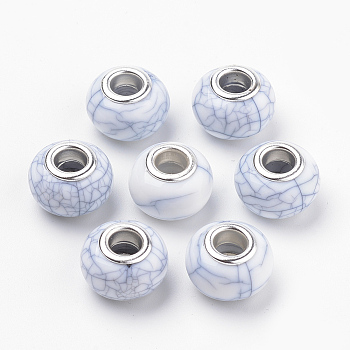 Imitation Turquoise Style Resin European Beads, Large Hole Beads, with Silver Color Plated Brass Double Cores, Rondelle, White, 14x9.5mm, Hole: 5mm