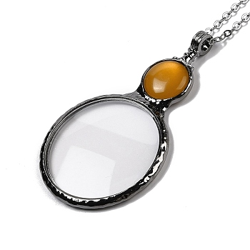 Flat Round Glass Magnifying Pendant Necklace for Women, Gunmetal, Dark Goldenrod, 22.05 inch(56cm)