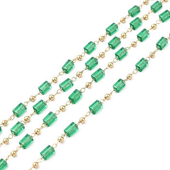Faceted Cuboid Glass & Round Beaded Chains, with Light Gold Brass Findings, Soldered, Medium Sea Green, 5.5x2.5x2.5mm, 2x2mm