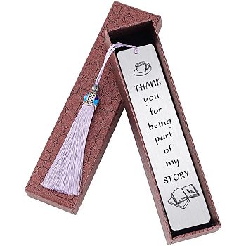 Fingerinspire 3Pcs Stainless Steel Bookmarks, Cardboard Box and Nylon Tassel Big Pendant Decorations, Stainless Steel Color, 145x30x0.5mm, Hole: 3mm