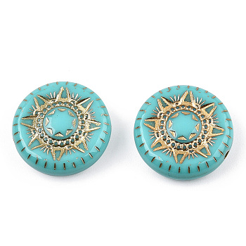 Plating Acrylic Beads, Golden Metal Enlaced, Flat Round, Dark Turquoise, 17x6mm, Hole: 1mm