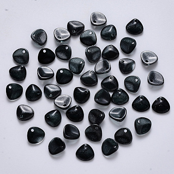 Transparent Spray Painted Glass Charms, with Glitter Powder, Petaline, Black, 7x8x2.5mm, Hole: 1mm