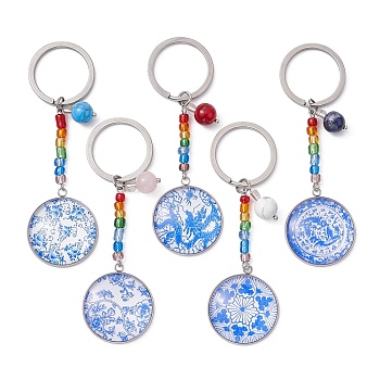 Blue and White Floral Printed Glass Keychains, with Gemstone Beads and Glass Seed Beads, 304 Stainless Steel Split Key Rings, Half Round/Dome, 8.3cm