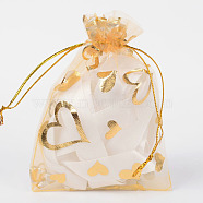Heart Printed Organza Bags, Gift Bags, Rectangle, Goldenrod, 12x10cm(X-OP-R022-10x12-04)