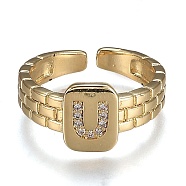 Brass Micro Pave Clear Cubic Zirconia Cuff Rings, Open Rings, Cadmium Free & Lead Free, Rectangle, Golden, Letter.U, US Size 6 1/4, Inner Diameter: 16.8mm(RJEW-H538-02G-U)