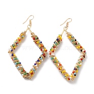 Big Rhombus Glass Seed Beads Dangle Earrings for Girl Women, Wire Wrap Iron Earrings, Golden, Colorful, 93mm, Pin: 0.8mm(EJEW-I258-01G)