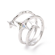 Cubic Zirconia Open Cuff Rings, Brass Jewelry for Women, Platinum, Star Pattern, 2~26mm, US Size 6 1/2(16.9mm)(RJEW-H106-07)