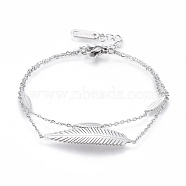 304 Stainless Steel Multi-strand Bracelets, with Cable Chains and Lobster Claw Clasps, Leaf, Stainless Steel Color, 6-7/8 inch(17.5cm)(BJEW-K219-09P)