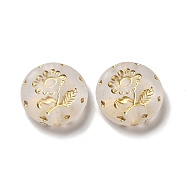 Transparent Plating Acrylic Beads, Golden Metal Enlaced, Flat Round with Flower, Frosted, Clear, 18x5.5mm, Hole: 1.8mm, about 399pcs/500g(OACR-L013-027)