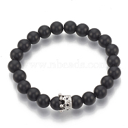 Synthetic Lava Rock Stretch Bracelets, with Brass Cubic Zirconia Findings, Crown, Black, Platinum, 1-3/4 inch(4.5cm)~2 inch(5cm)(ZIRC-T006-24P-01)