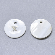 Natural White Shell Mother of Pearl Shell Charms, with Iron Sticker, Flat Round with Letter, Letter.X, 13x2mm, Hole: 1.5mm(X-SSHEL-N036-053X)