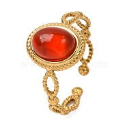 Oval Natural Carnelian Finger Rings, Golden Tone 304 Stainless Steel Open Cuff Rings for Women, 11.5mm(RJEW-Q822-29G-02)