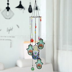 Printed Iron Wind Chime, with Glass Beads, for Outdoor Garden Home Hanging Decoration, Hamsa Hand, 580mm(PW-WG36526-04)