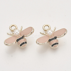 Alloy Enamel Pendants, with ABS Imitation Pearl Plastic Beads, Light Gold, Bee, Pink, 15x17.5x6mm, Hole: 2mm(X-ENAM-S119-010A)