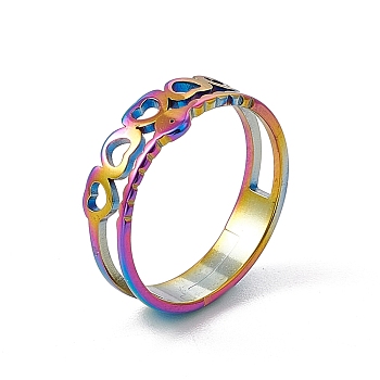 Ion Plating(IP) 201 Stainless Steel Hollow Out Heart with Evil Eye Finger Ring for Women, Rainbow Color, US Size 6 1/4(16.7mm)