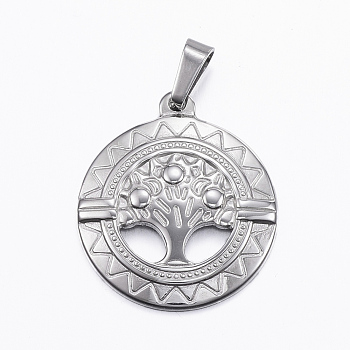 304 Stainless Steel Pendants, Flat Round with Tree of Life, Stainless Steel Color, 29x25x2mm, Hole: 3.5x8mm