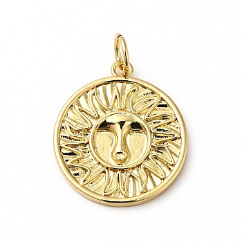 Rack Plating Brass Pendants, Flat Round Charm with Sun Pattern, Cadmium Free & Nickel Free & Lead Free, Real 18K Gold Plated, 18x16x2mm, Hole: 3.6mm