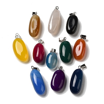 Natural Agate Dyed Pendants, Oval Charms with Platinum Plated Brass Snap on Bails, Mixed Color, 31x11x10mm, Hole: 5.5x3mm