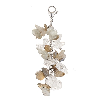Natural Quartz Crystal & Labradorite Chip Beaded Pendant Decorations, 304 Stainless Steel Lobster Claw Clasps, 66~69mm