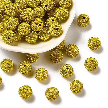 Pave Disco Ball Beads, Polymer Clay Rhinestone Beads, Round, Citrine, PP13(1.9~2mm), 6 Rows Rhinestone, 10mm, Hole: 1.5mm