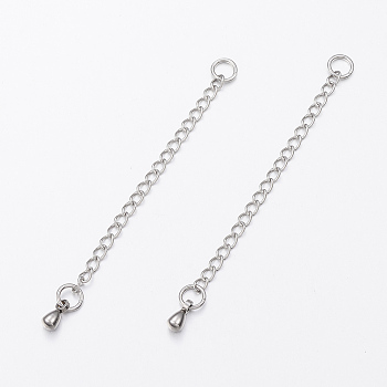 304 Stainless Steel Chain Extender, Curb Chains, with Teardrop Charms, Stainless Steel Color, 62x2.5mm, Hole: 3.5mm, Jump Rings: 4x0.8mm