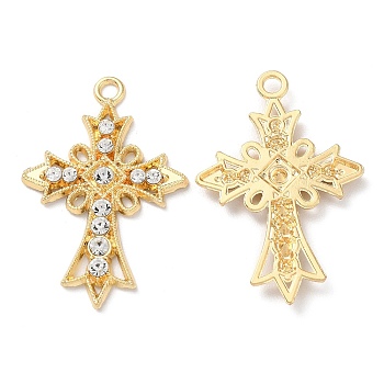 Alloy Pendants, with Rhinestone, Golden, Cadmium Free & Nickel Free & Lead Free, Corss Charms, Crystal, 37x25x3mm, Hole: 2.3mm