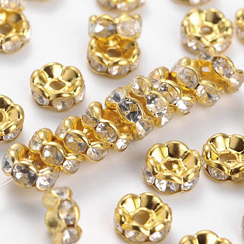 Brass Rhinestone Spacer Beads, Grade B, Clear, Golden Metal Color, Size: about 8mm in diameter, 3.8mm thick, hole: 1.5mm