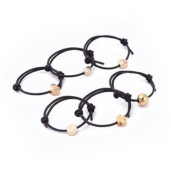Adjustable Cowhide Leather Cord Finger Rings, with Brass  Beads, Mixed Shapes, Black, Real 18K Gold Plated, Size 10, 20mm