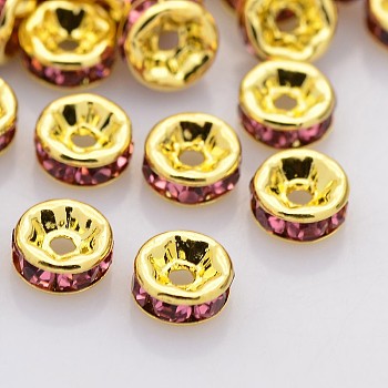 Brass Rhinestone Spacer Beads, Grade A, Straight Flange, Golden Metal Color, Rondelle, Rose, 6x3mm, Hole: 1mm