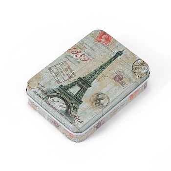 Tinplate Storage Box, Jewelry Box, for DIY Candles, Dry Storage, Spices, Tea, Candy, Party Favors, Rectangle with Eiffel Tower Pattern, Colorful, 9.6x7x2.2cm