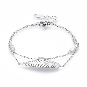 304 Stainless Steel Multi-strand Bracelets, with Cable Chains and Lobster Claw Clasps, Leaf, Stainless Steel Color, 6-7/8 inch(17.5cm)