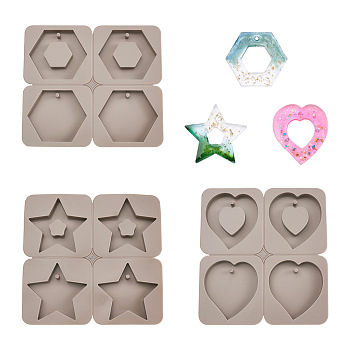 Boutigem 3Pcs 3 Style Silicone Molds, Resin Casting Molds, For UV Resin, Epoxy Resin Craft Making, Star & Heart & Hexagon, Gray, 147~165x150~165x11~12mm, Hole: 4mm, Inner Diameter: 55~63x65~70mm, 1pc/style