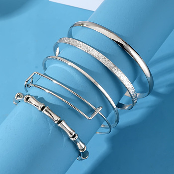 5Pcs 5 Styles Alloy Bangles, Stackable Bangle Set for Women, Platinum, Diameter: 67~71mm