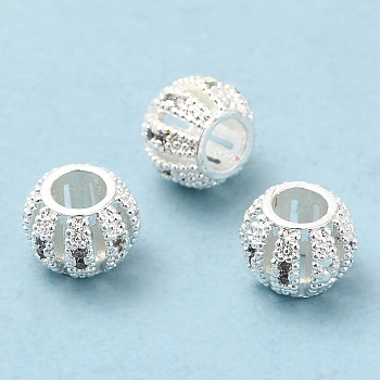 Rack Plating Brass Cubic Zirconia Beads, Cadmium Free & Lead Free, Long-Lasting Plated, Grooved Hollow Rondelle, Silver Color Plated, 8x6mm, Hole: 3.5mm