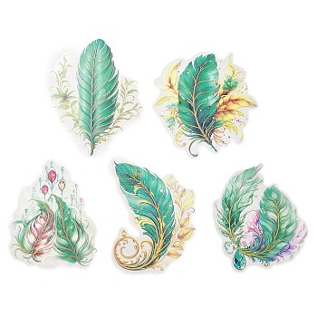 5Pcs 5 Styles Feather Waterproof PET Stickers Sets, Adhesive Decals for DIY Scrapbooking, Photo Album Decoration, Turquoise, 93~120x62~85x0.2mm, 1pc/style