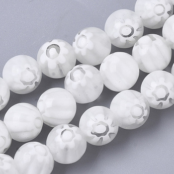 Handmade Millefiori Lampwork Beads Strands, Round, White, 8mm, Hole: 1.2mm, about 48pcs/strand, 14.17 inch(36cm)