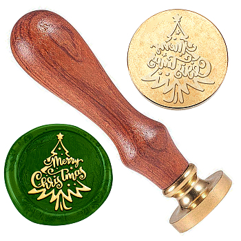 Retro Christmas Golden Tone Brass Sealing Wax Stamp Head, with Removable Wood Handle, for Envelopes Invitations, Gift Card, Christmas Tree, 83x22mm, Stamps: 25x14.5mm