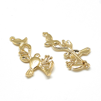 Brass Links connectors, Bird and Branch, Real 18K Gold Plated, 29.5x19.5x3.5mm, Hole: 1mm