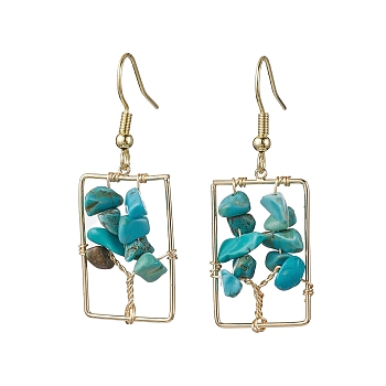 Dyed Natural Howlite Chips Tree Dangle Earrings, Rectangle Real 18K Gold Plated Brass Drop Earrings with 304 Stainless Steel Earring Pins, 44x16.5~17mm