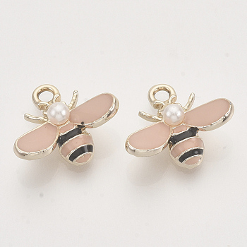 Alloy Enamel Pendants, with ABS Imitation Pearl Plastic Beads, Light Gold, Bee, Pink, 15x17.5x6mm, Hole: 2mm