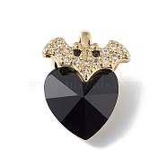 Real 18K Gold Plated Rack Plating Brass Micro Pave Clear Cubic Zirconia Pendants, with Glass, Long-Lasting Plated, Cadmium Free & Lead Free, Bat with Heart Charm, Black, 18x14x9.5mm, Hole: 5x3mm(KK-C015-10G-04)