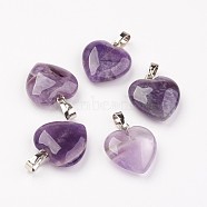 Natural Amethyst Pendants, Heart, with Brass Findings, Platinum, 22~23x19.5~20.5x6~7.5mm, Hole: 5x7~8mm(G-E467-03C-FF)
