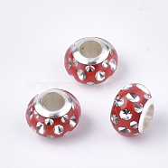 Resin European Beads, Large Hole Beads, with Rhinestone & Platinum Tone Brass Single Core, Rondelle, Red, 11.5x8mm, Hole: 5mm(RPDL-T002-02G)