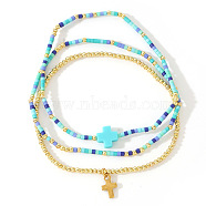 Minimalist Glass Seed Beads Stretch Bracelet Sets, Cross Brass Charm Bracelets for Women, Sky Blue, Inner Diameter: 6-1/2 inch(16.5cm)(QH6334-4)