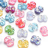 Epoxy Resin Charms, with Sequins/Paillette and Platinum Plated Iron Loop, Butterfly, Mixed Color, 12x13.5x6.5mm, Hole: 2mm(RESI-S400-001)