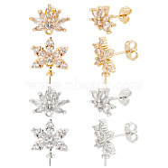 4 Pairs 4 Style Brass Cubic Zirconia Flower Stud Earring Findings, with Cup Pearl Peg Bails & Horizontal Loops & 8Pcs Ear Nuts, Platinum & Golden, 15mm, Pin: 0.7mm, 1 Pair/style(EJEW-BBC0001-15)