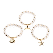 Ocean Theme Brass Charm Bracelets, Stretch Bracelets, with Round Brass Beads and Faceted Glass Beads, Shell & Whale Tail Shape & Starfish, Golden, Clear AB, Inner Diameter: 2-1/4 inch(5.7cm), 3pcs/set(BJEW-JB05571)