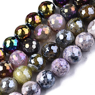 Natural Agate Beads Strands, Pearl Luster Plated, Faceted, Round, Mixed Color, 9~10mm, Hole: 1mm, about 37pcs/strand, 14.17 inch~14.57 inch(36~37cm)(G-N326-76)