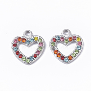 304 Stainless Steel Pendants, with Rhinestone, Heart, Stainless Steel Color, Colorful, 15x14x2mm, Hole: 1.5mm(STAS-T050-008P-13)